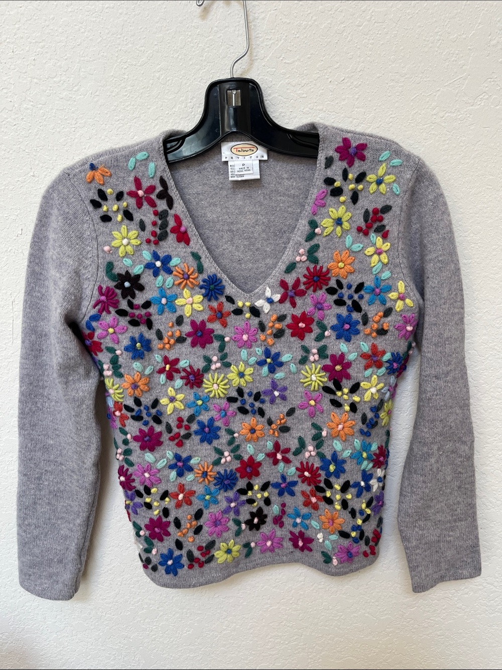 Gray Floral Embroidered V-Neck Sweater